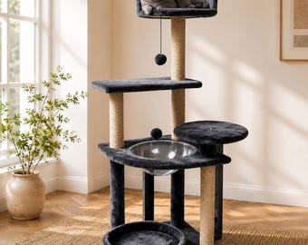 Großer Katzenbaum aus Anthrazit, Sisal-Kratzstämme, durchsichtiger Napf, mehrstufiger Turm
