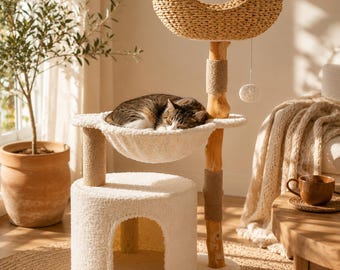 Wood Cat Tree Condo, Woven Basket, Plush Hammock, Sisal Scratching Posts