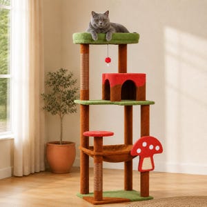 Mushroom Cat Tree Tower, Multi-Level Condo with Hammock, Sisal Scratching Posts