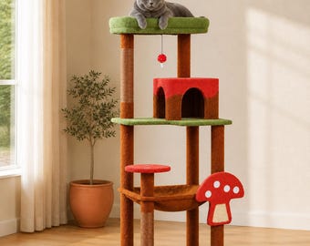 Árvore para gatos em formato de cogumelo, condomínio de vários níveis com rede e postes de sisal para arranhar.