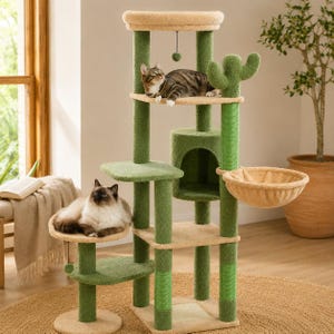 Cactus Cat Tree, Multi-Level Condo, Hammock, Scratching Posts, Green Beige
