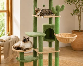 Drzewko dla kotów Cactus, apartament wielopoziomowy, hamak, drapaki, zielono-beżowy