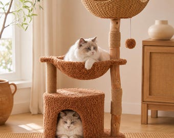 Rascador de madera para gatos, cesta tejida, hamaca de felpa, postes rascadores de sisal.