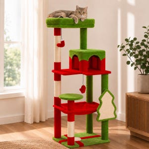 Christmas Cat Tree Tower, Multi Level Condo with Sisal Scratching Posts, Hammock, Perches