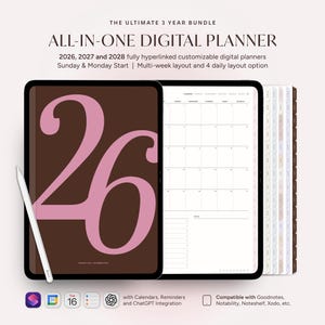May include: A digital planner bundle for 2026, 2027, and 2028 displayed on a tablet screen with a stylus. The screen shows a brown cover with a large pink number 26 and a monthly calendar layout. Text includes The Ultimate 3 Year Bundle All-In-One Digital Planner.