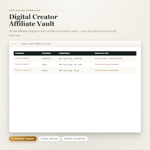 May include: A digital spreadsheet titled Digital Creator Affiliate Vault featuring a table with columns for Category, Program, Commission, and Watch Out For. The table lists affiliate programs like Systeme.io, Skool, and Notion with details.