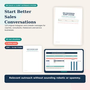 May include: A digital sales and client outreach system featuring a document titled DM Conversion Script System, a Quick DM Desk Guide, and a DM Outreach Performance Dashboard. The text includes 120 original Instagram and LinkedIn messages.