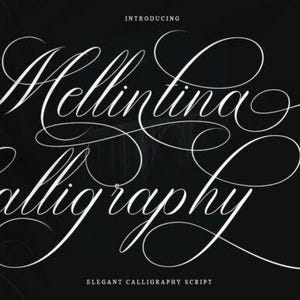 May include: A digital graphic display featuring the white text "INTRODUCING" at the top, followed by the large, ornate white script lettering "Mellintina Calligraphy" in the center, and the text "ELEGANT CALLIGRAPHY SCRIPT" at the bottom on a black background.