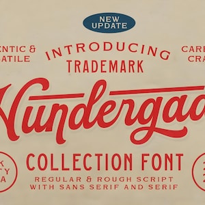 Könnte beinhalten: Eine digitale Grafik mit dem roten Schreibschrifttext Hundergad, zentriert auf beigem Hintergrund. Zusätzlicher Text umfasst NEW UPDATE, INTRODUCING TRADEMARK, AUTHENTIC & VERSATILE, CAREFULLY CRAFTED, COLLECTION FONT, YK CITY INA und 20 25.