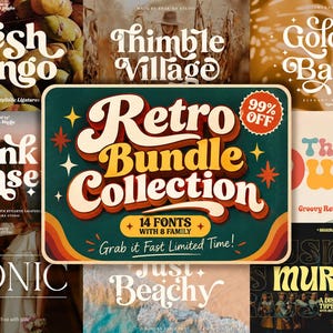 May include: A digital graphic advertisement for a font collection titled Retro Bundle Collection, featuring 14 fonts with 8 family, marked 99% off. The central dark green rectangular sign displays bold, multi-colored typography and star icons.