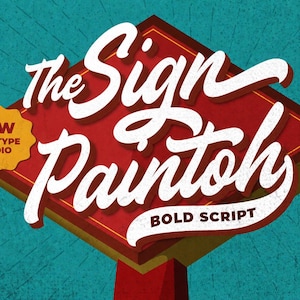 May include: A red diamond-shaped sign with a dark red border and a red post, featuring the white text The Sign Painter BOLD SCRIPT. A yellow scalloped badge on the left contains the text NEW AURETYPE STUDIO, all set against a textured teal background.