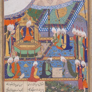 May include: A Persian miniature painting depicting a royal court scene under a large canopy. A central figure sits on an elevated throne, surrounded by groups of seated and standing figures in colorful robes and turbans. A board game is played in the foreground.