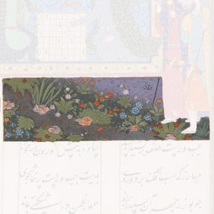 May include: A detailed Persian miniature painting featuring a vibrant garden scene with various colorful flowers, green foliage, and scattered rocks. The artwork includes intricate floral patterns and Persian calligraphy text at the bottom.