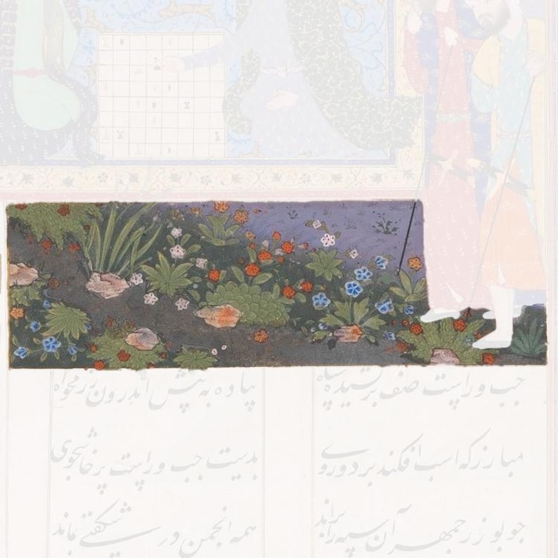 May include: A detailed Persian miniature painting featuring a vibrant garden scene with various colorful flowers, green foliage, and scattered rocks. The artwork includes intricate floral patterns and Persian calligraphy text at the bottom.