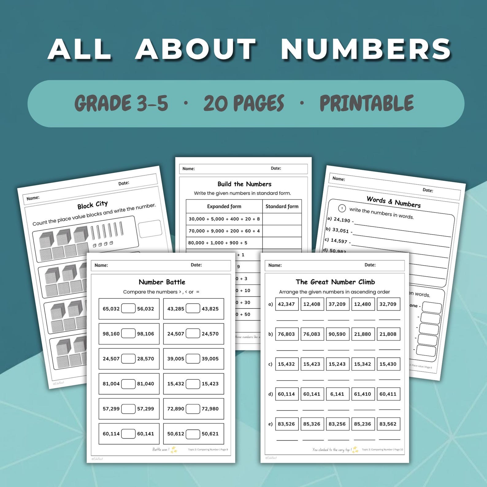 Activity Pags For Grade R Numbers Math Worksheets || Grade 3 - 5 || Challenge Your Kids - Etsy France