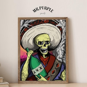 May include: A framed art print titled MR. PURPLE featuring a skeleton wearing a large sombrero, holding a green bottle with three black X marks. The background displays a desert landscape with cacti under a sunset sky, with smoke swirling on the right.
