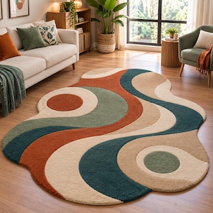Onregelmatig abstract vloerkleed, terracotta, teal, salie en crèmekleurig vloerkleed, modern organisch gevormd tapijt