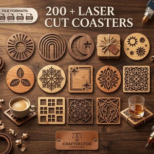 May include: A collection of 200+ laser cut coasters in various geometric, floral, and celestial designs. The set includes circular and square wooden coasters with intricate cutouts, displayed with a coffee cup and a glass of amber liquid.