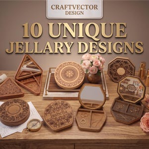 May include: A collection of wooden jewellery boxes in various shapes including triangular, circular, and octagonal designs. Some boxes feature intricate floral engravings, mirrors, and the name Isabella. A compass and pink flowers are present.