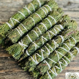 Puede incluir: Una colección de haces cilíndricos de follaje de cedro verde seco, cada uno envuelto firmemente con hilo de algodón blanco. Una pequeña etiqueta cuadrada blanca en la esquina inferior derecha muestra el texto Green Botanics Tea & Botanicals.