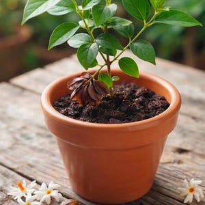 May include: A small green plant with pointed leaves growing in a terracotta pot filled with dark soil. Several white flowers with orange centres and numerous dark brown, oval-shaped seeds are scattered around the base of the pot.