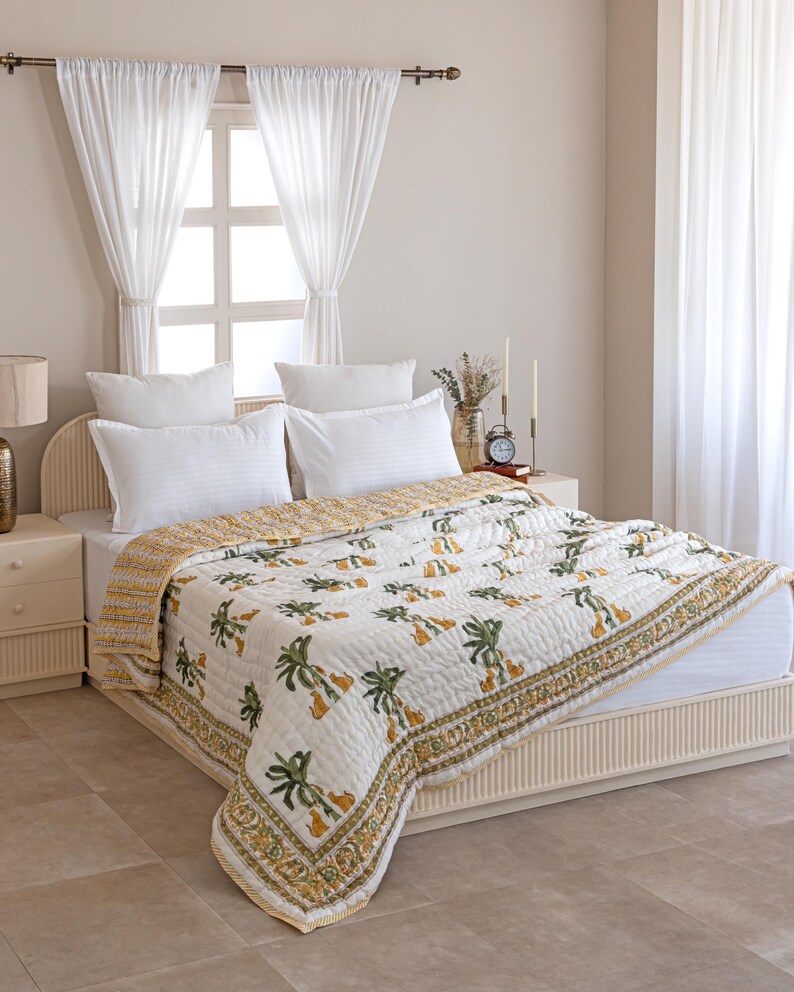 Hand Block Print Floral Cotton Quilt, Reversible Jaipuri Rajai ...