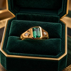 May include: A gold ring featuring a large emerald-cut green gemstone in the center, flanked by two small leaf-shaped cutouts on each side, with a tiny embedded diamond in each leaf, all resting inside a dark green velvet-lined jewelry box.