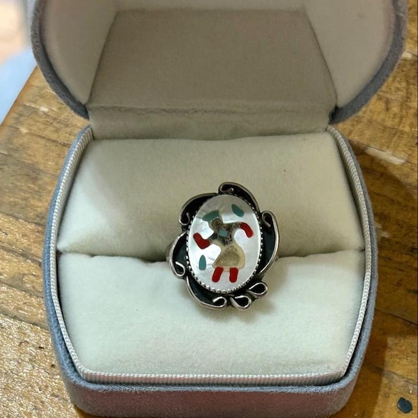 Vintage Sterling Silver Zuni Kachina Ring – Turquoise, Coral, Mother of Pearl Inlay