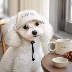 Puede incluir: Un perro blanco de orejas esponjosas lleva una gorra de béisbol beige con la palabra COCO bordada en azul. El perro tiene una correa de barbilla negra ajustable. Cerca hay una taza de cerámica beige con la palabra BONJOUR y una correa marrón.
