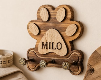 Personalized Paw Print Wall Hook Rack, Wooden Pet Leash & Collar Holder, Custom Dog Leash Holder, Gift for Pet Lovers