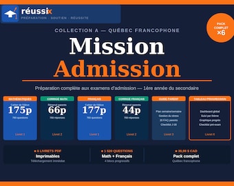 Cahier préparation examen admission secondaire Québec | Math + Français | 1520 questions PDF imprimable