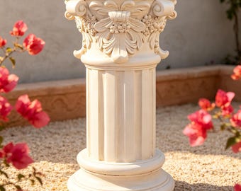 1PC Vintage Scroll Floral Resin Pillar Stand, 16 Inch Decorative Roman Pedestal for Indoor & Outdoor Floral Display