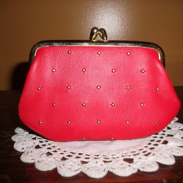 Vintage 1950s vibrant red coin or change purse with gold embellishment and hardware, made by St. Thomas