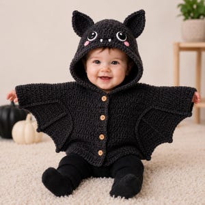 May include: A dark gray crocheted hooded cape featuring bat ears, white fangs, and pink cheeks on the hood. The garment has wide, wing-shaped sleeves and is fastened down the front with four light brown wooden buttons over black leggings.