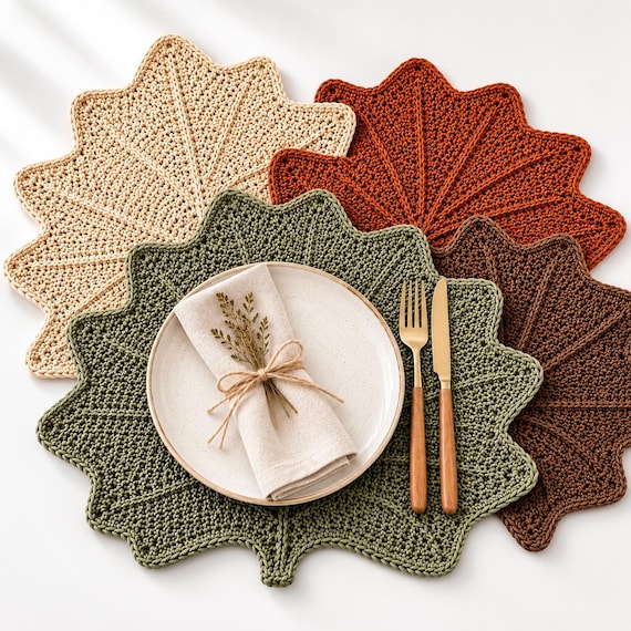 Crochet Leaf Placemat Set, Autumn Fall Table Decor, Rustic Farmhouse Dining