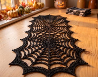 Patrón de camino de mesa de telaraña de ganchillo, decoración gótica de encaje para Halloween (descarga en PDF)