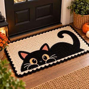 May include: A rectangular crochet rug featuring a black cat design on a cream background. The cat has large yellow eyes, pink inner ears, and a long curved tail. The rug has a scalloped black border and a textured, woven appearance.