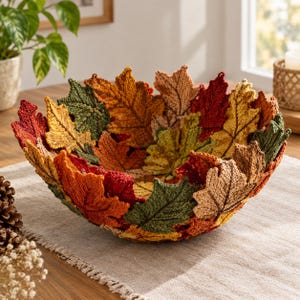 May include: A decorative bowl constructed from numerous crocheted fabric leaves in autumn colors including deep red, burnt orange, golden yellow, and forest green. The leaves are joined together to form a rounded, open-top vessel shape.