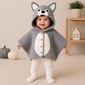 May include: A gray crocheted hooded poncho featuring a wolf design with a white belly panel, four wooden buttons, and a hood with ears, eyes, and teeth. The garment is worn over white leggings, creating a complete outfit with a playful animal theme.