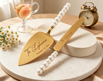 Benutzerdefinierte Perlen-Torten-Set, handgefertigter Gold-Server, personalisiertes Hochzeitsgeschenk