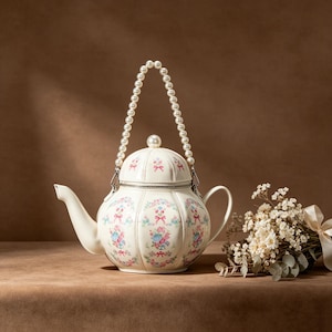 Könnte beinhalten: Eine cremefarbene Handtasche in Teekannenform mit einem Blumenmuster aus rosa Schleifen und blauen Blüten. Die Tasche verfügt über einen Perlenhenkel, einen silberfarbenen Reißverschluss, einen passenden Deckel mit Perlenknopf und einen seitlichen Griff.