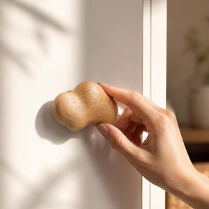 Peut inclure: Un bouton de placard en bois brun clair avec une forme organique lisse, arrondie et semblable &agrave; un nuage. Le bouton pr&eacute;sente un motif de grain de bois naturel visible et est mont&eacute; sur une surface verticale blanche et plate.