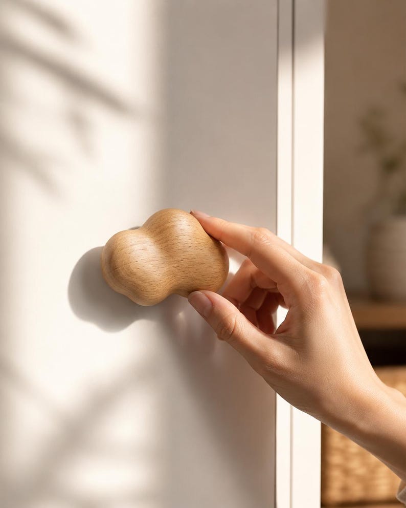 Peut inclure: Un bouton de placard en bois brun clair avec une forme organique lisse, arrondie et semblable &agrave; un nuage. Le bouton pr&eacute;sente un motif de grain de bois naturel visible et est mont&eacute; sur une surface verticale blanche et plate.