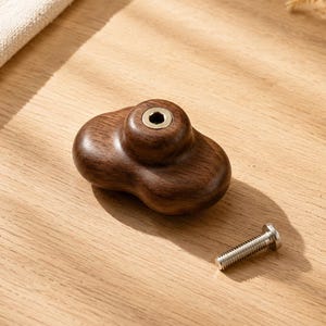 Peut inclure: Un bouton de meuble en bois brun fonc&eacute; avec une forme arrondie irr&eacute;guli&egrave;re et une finition lisse. Le centre pr&eacute;sente un insert m&eacute;tallique circulaire avec une ouverture hexagonale. Un boulon m&eacute;tallique argent&eacute; &agrave; t&ecirc;te plate est pos&eacute; &agrave; c&ocirc;t&eacute;.