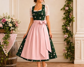 Zielona sukienka dirndl w kwiaty z różowym satynowym fartuchem – strój na Oktoberfest w niestandardowym rozmiarze