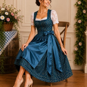 May include: A dark teal dirndl dress featuring a gold crackle pattern, a square neckline, and short white lace sleeves. The bodice is fitted with a matching dark teal satin apron tied in a bow at the waist, paired with beige pointed-toe heels.