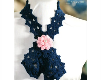 PATTERN - Crochet - Neck Tie / Neck Warmer / Skinny Scarf - Blue with a 3D Flower