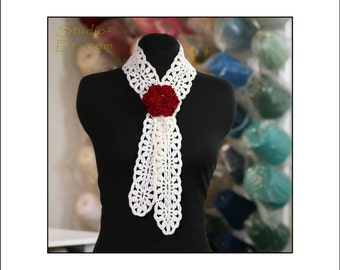 PATTERN - Crochet - Lacy Shell Skinny Scarf / Neck Warmer / Neck Tie - White with a Red Flower