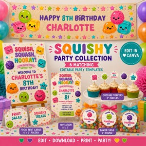 Può includere: Un set di decorazioni digitali per feste che include uno striscione, un invito, cartellini per il cibo ed etichette regalo con grafiche di giocattoli squishy e testo che include Happy 8th Birthday Charlotte e Edit in Canva.