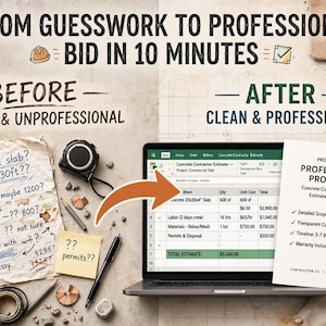 Op de afbeelding: Een digitale marketingafbeelding die een rommelige handgeschreven offerte voor betonwerk op papier vergelijkt met een schoon, professioneel digitaal voorstel op een laptopscherm. De tekst luidt FROM GUESSWORK TO PROFESSIONAL BID IN 10 MINUTES.